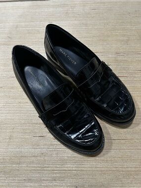 Marc Fisher Black Croc-Embossed Patent Leather Penny Loafers
